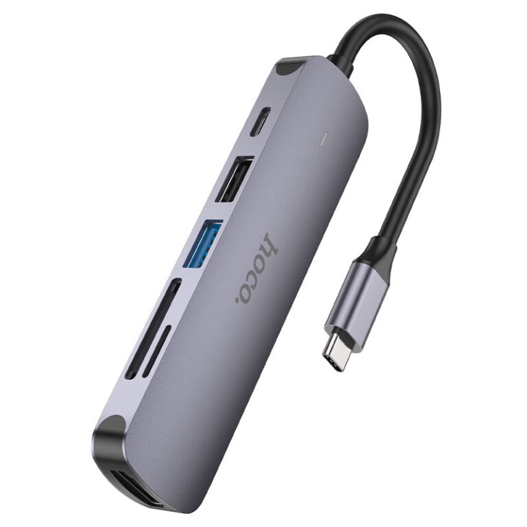 USB-хаб HOCO HB28 Type-C multi-function converter(HDTV+USB3.0+USB2.0+SD+TF+PD) Metal Gray — фото 3
