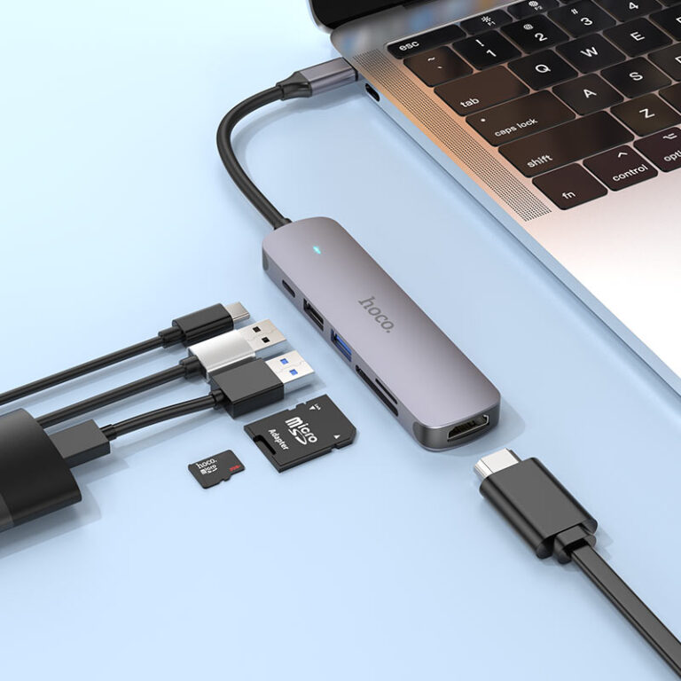 USB-хаб HOCO HB28 Type-C multi-function converter(HDTV+USB3.0+USB2.0+SD+TF+PD) Metal Gray — фото 6