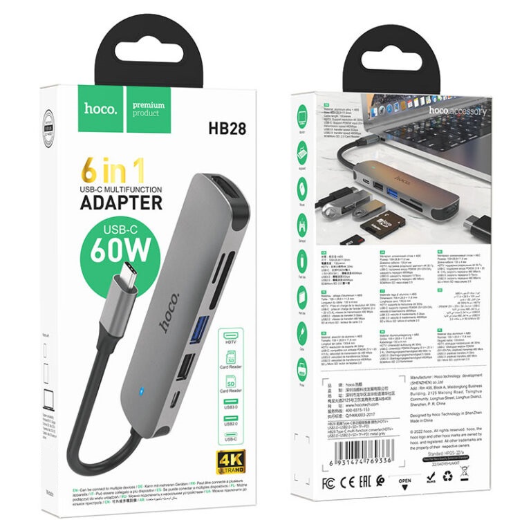 USB-хаб HOCO HB28 Type-C multi-function converter(HDTV+USB3.0+USB2.0+SD+TF+PD) Metal Gray — фото 8