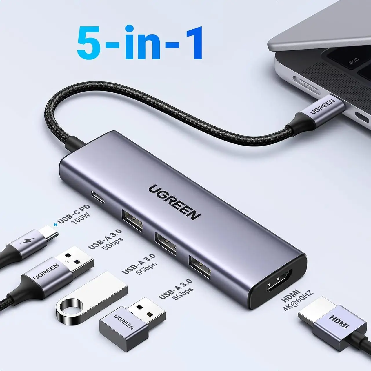 USB-хаб UGREEN CM511: Hdmi+3*USB 3.0 A+PD Power Converter — фото 3