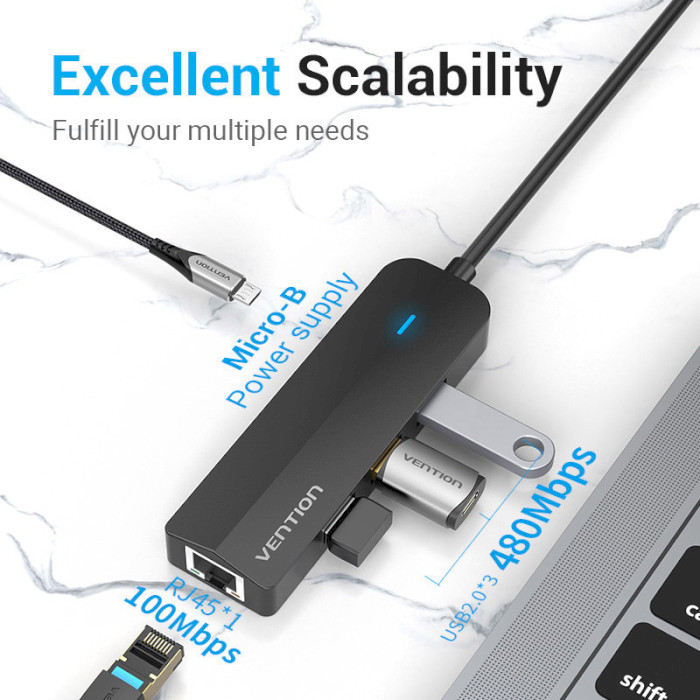 USB-хаб Vention USB 3.0*3/RJ45/Micro-B для ноутбука — фото 4