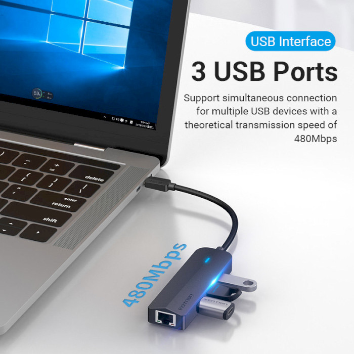 USB-хаб Vention USB 3.0*3/RJ45/Micro-B для ноутбука — фото 7