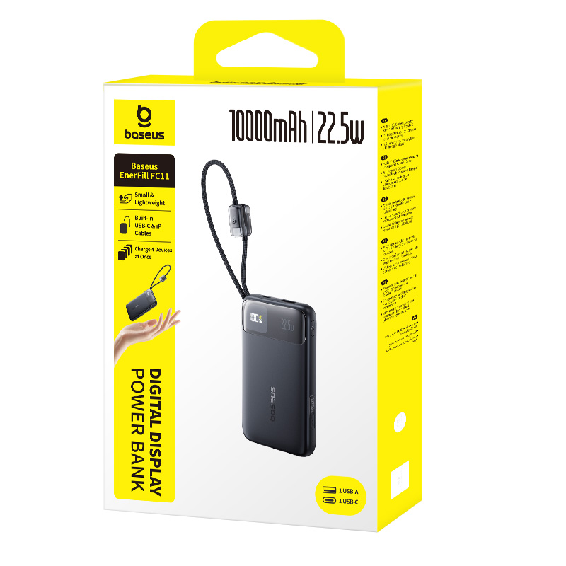 Зовнішній акумулятор Baseus EnerFill FC11 Digital Display Power Bank with Dual Built-in Cables 10000mAh 22.5W Cosmic Black — фото 3