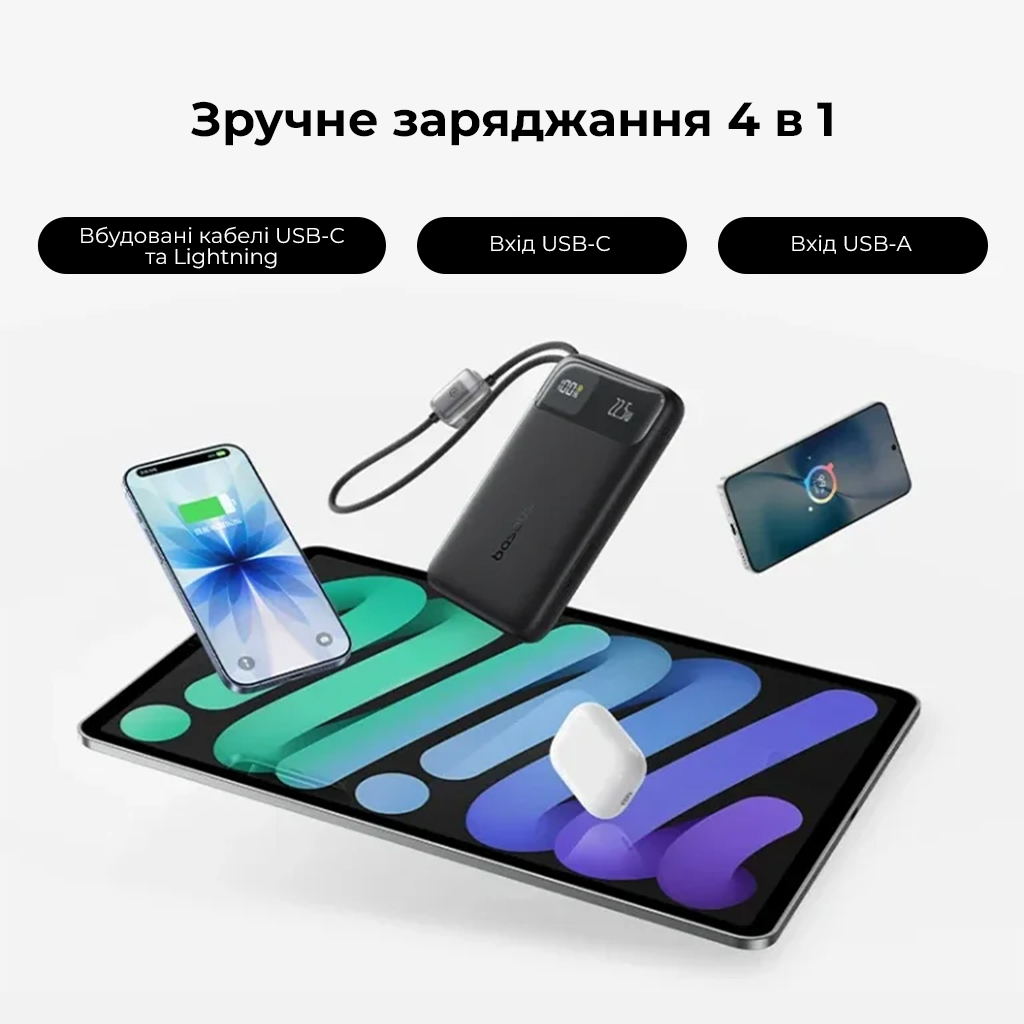 Зовнішній акумулятор Baseus EnerFill FC11 Digital Display Power Bank with Dual Built-in Cables 10000mAh 22.5W Cosmic Black — фото 7