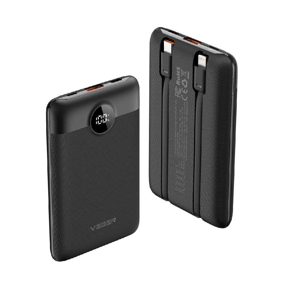 Зовнішній акумулятор VEGER 10000 mAh з вбудованими кабелями