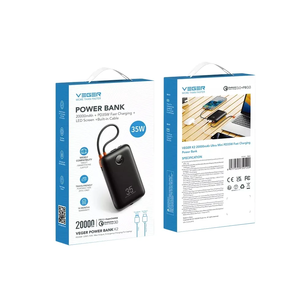 Зовнішній акумулятор VEGER 20000 mAh з інтегрованими кабелями Type C/Lightning — фото 3