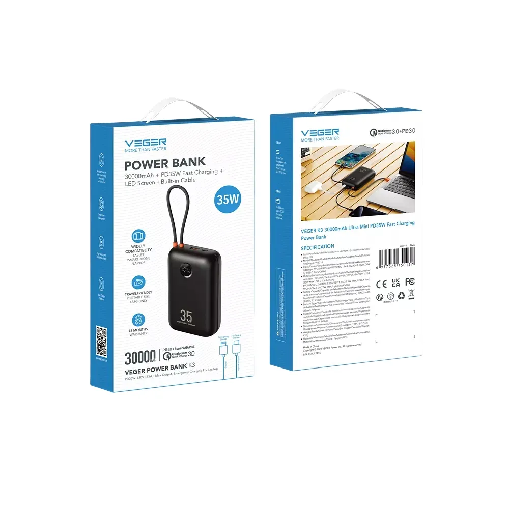 Зовнішній акумулятор VEGER Built-In 2 cables Ultra Mini 30000mAh — фото 3