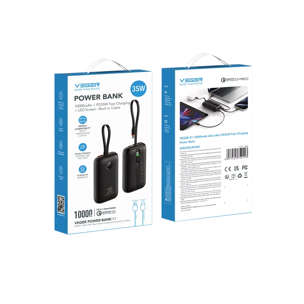 Зовнішній акумулятор VEGER K1 10000 mAh з вбудованими кабелями — фото 3