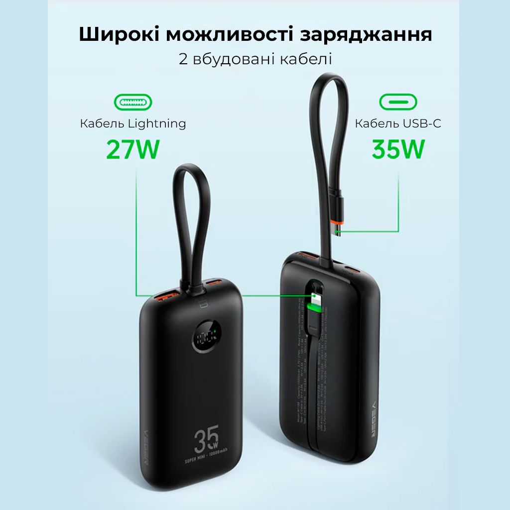 Зовнішній акумулятор VEGER K1 10000 mAh з вбудованими кабелями — фото 5