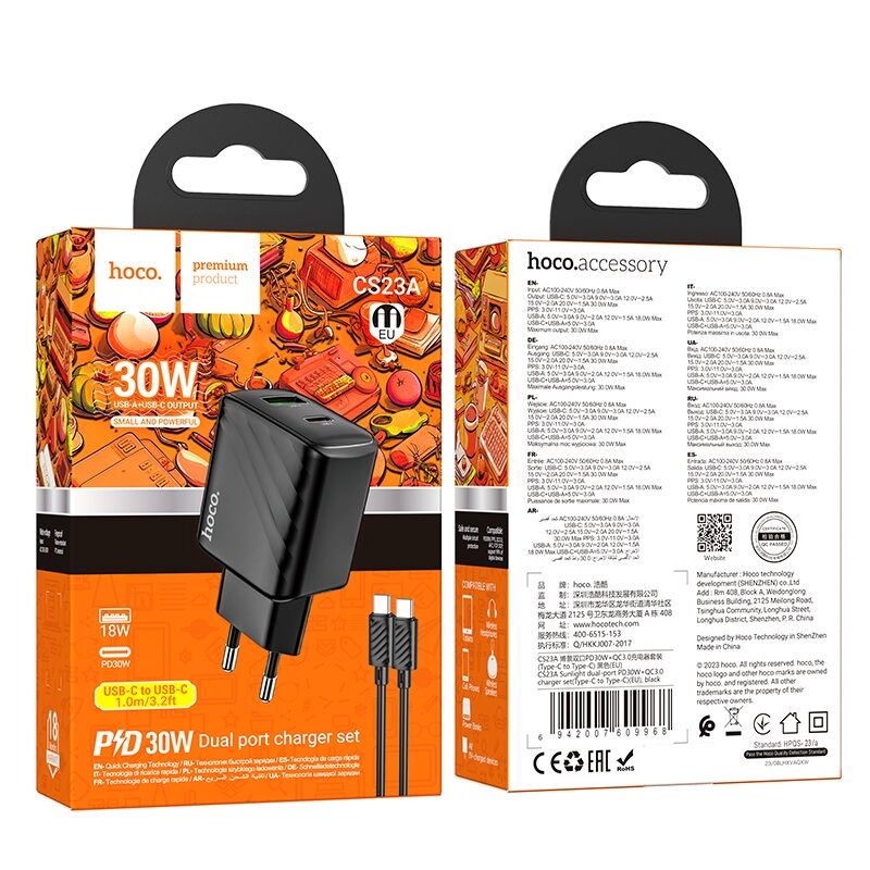 Мережевий Зарядний Пристрій Hoco CS23A 1USB/1USB-C PD/QC 30W+Type-C to Type-C — фото 2