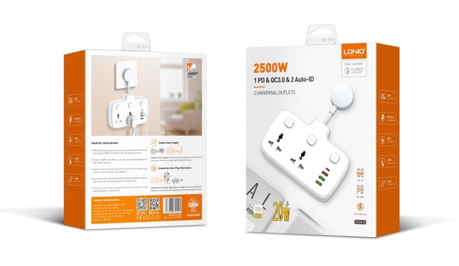 Мережевий Подовжувач Ldnio SC2413 1USB-C / 3USB-A QC/PD20W / 2 Sockets — фото 2
