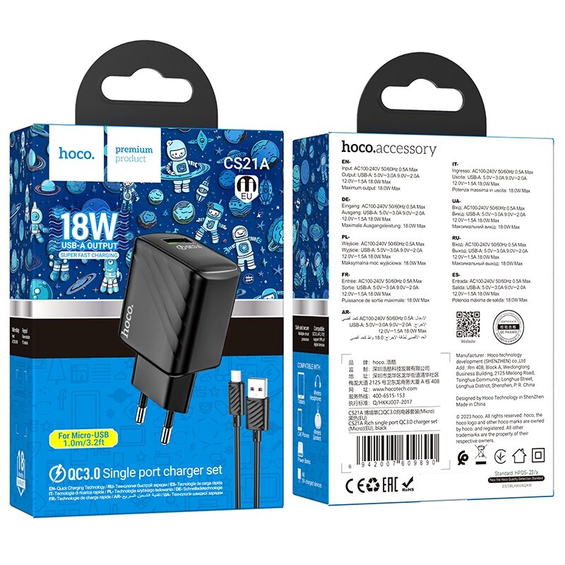 Мережевий Зарядний Пристрій Hoco CS21A 1USB QC 18W+USB to Micro — фото 2