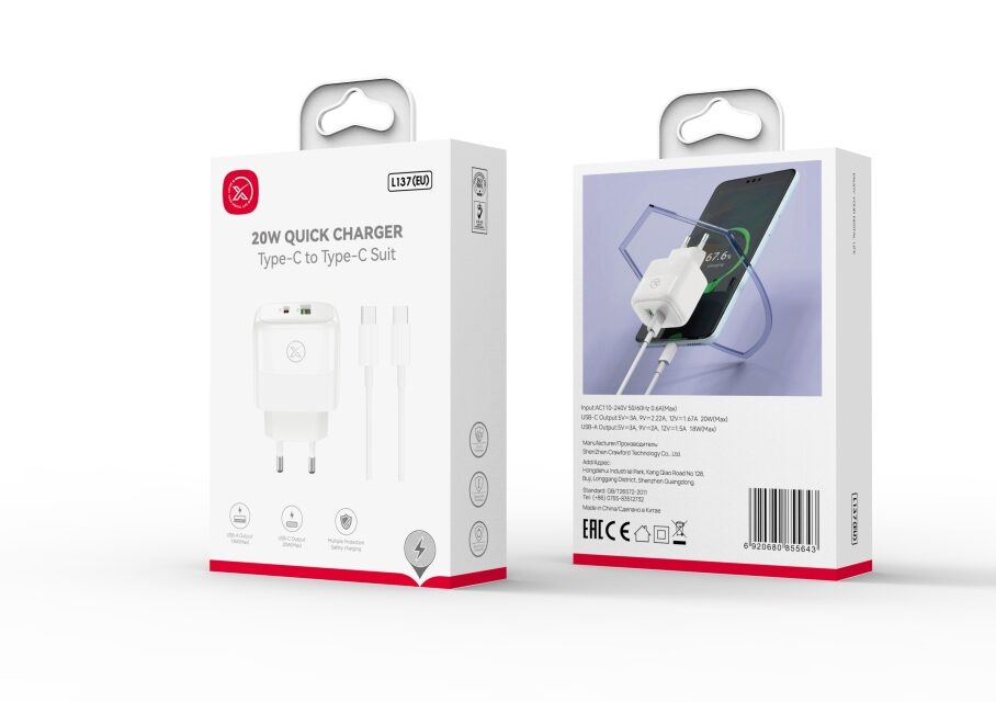 Мережевий Зарядний Пристрій XO L137 1USB-C/1USB PD/QC 20W+Type-C to — фото 5