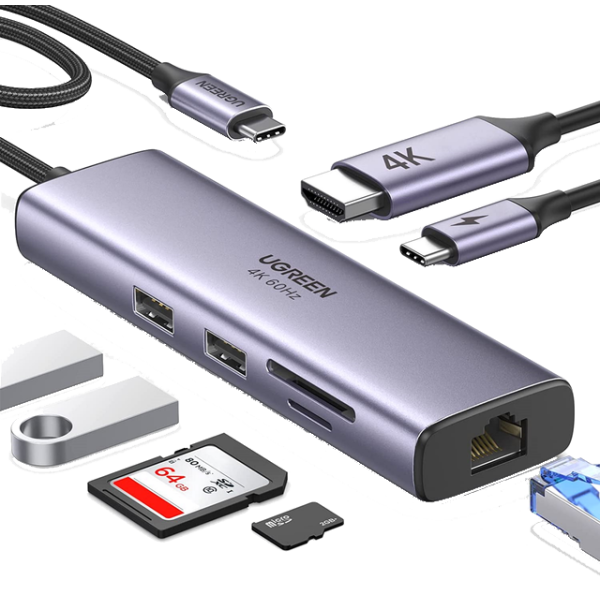 USB-хаб Ugreen CM512 USB-C to 2xUSB-C 3.1 + USB 3.2 + RJ45 Gray — изображение 29