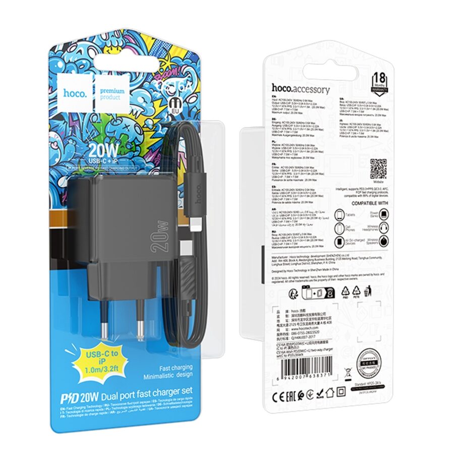 Мережевий Зарядний Пристрій Hoco CS16A 1USB-C/1IP PD/QC 20W+Type-C to Lightning — фото 2