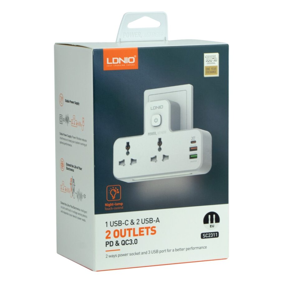 Мережевий Перехідник із Нічником Ldnio SC2311 1USB-C / 2USB-A QC/PD20W — фото 2