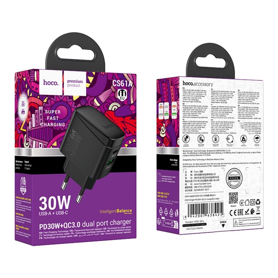 Мережевий Зарядний Пристрій Hoco CS61A 1USB/1USB-C PD/QC 30W GAN — фото 2