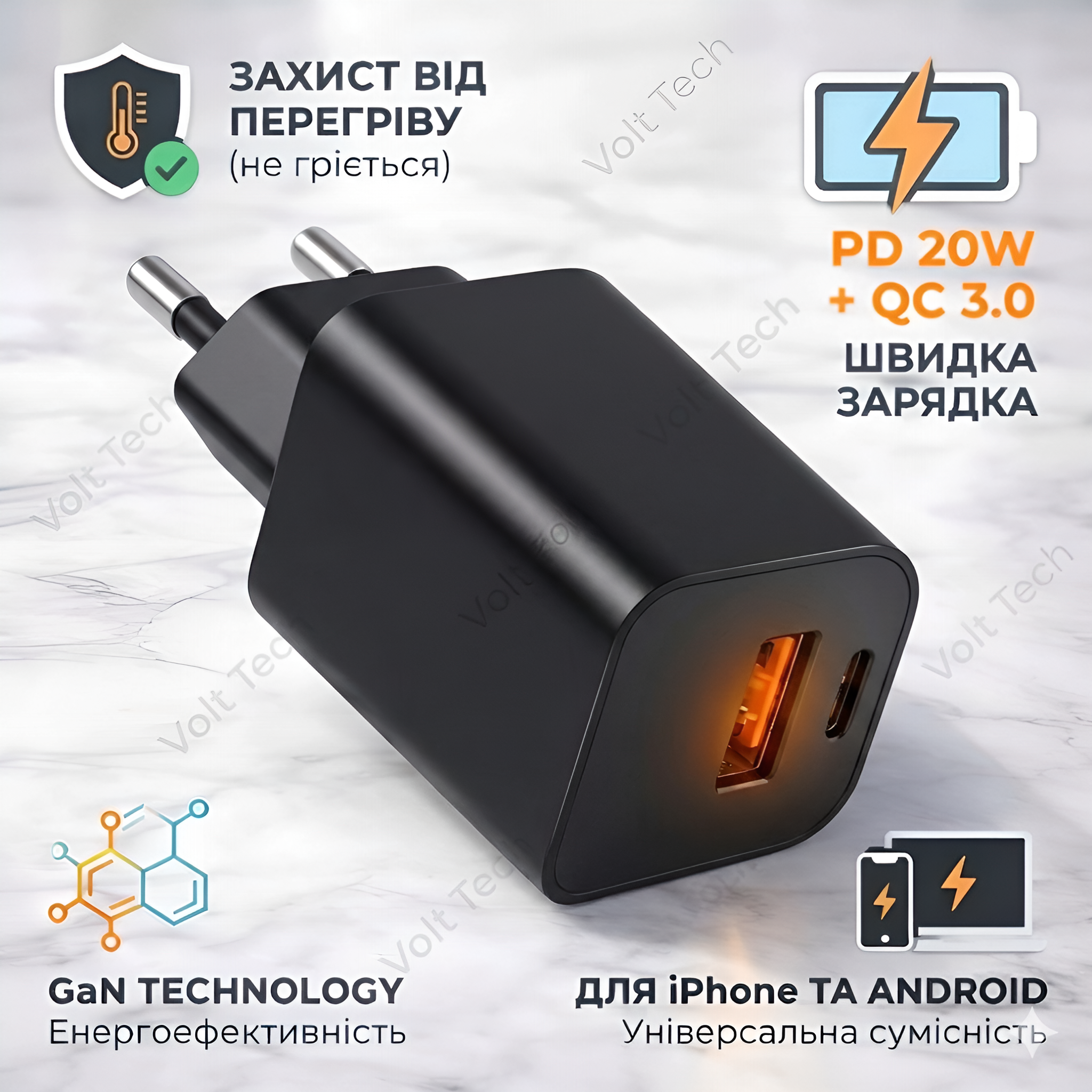 Зарядное устройство GaN 20W USB-C PD + USB-A: Быстрая зарядка 2 в 1