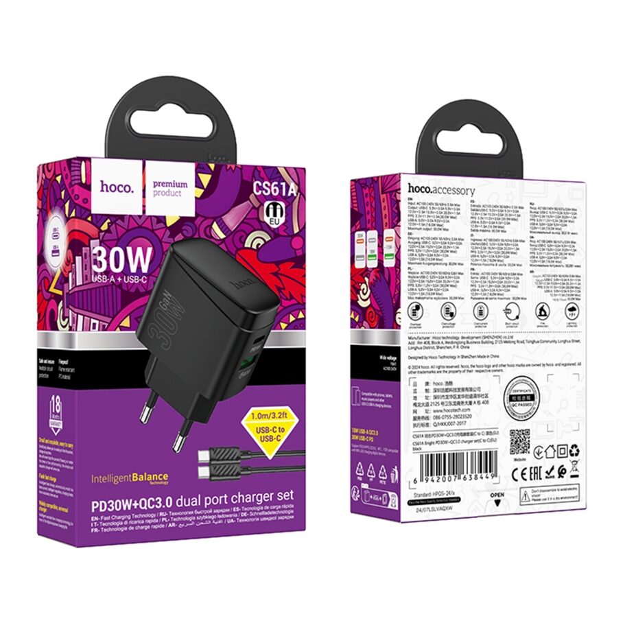 Мережевий Зарядний Пристрій Hoco CS61A 1USB/1USB-C PD/QC 30W GAN+Type-C to Type-C — фото 2
