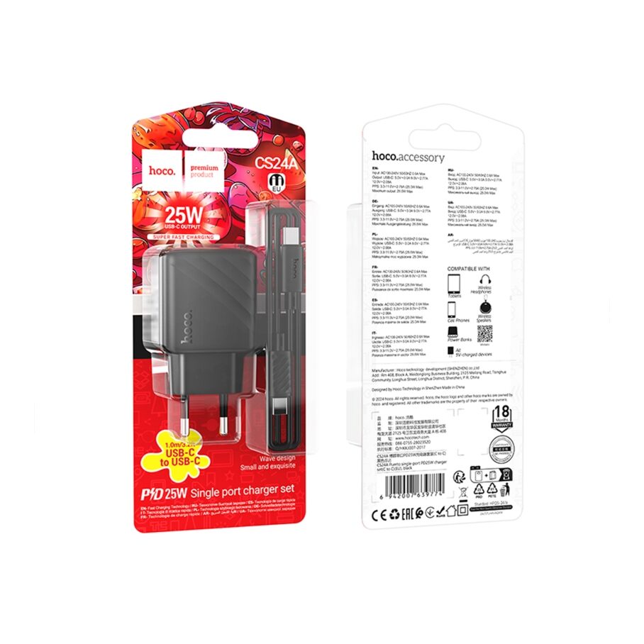 Мережевий Зарядний Пристрій Hoco CS24A 1USB-C PD/QC 25W+Type-C to Type-C — фото 2