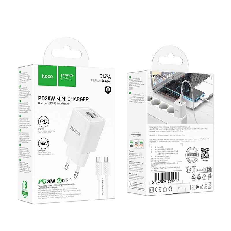 Мережевий Зарядний Пристрій Hoco C147A 1USB-C/1USB PD/QC 20W+Type-C to — фото 2