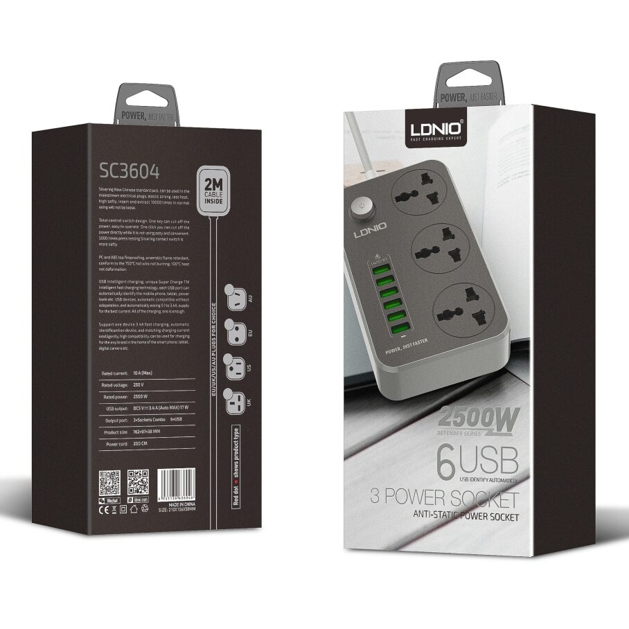 Мережевий Подовжувач Ldnio SC3604 6USB-A / 3 Sockets 2m — фото 2
