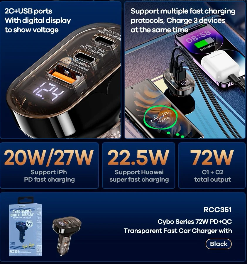 Автомобільний зарядний пристрій Remax Cybo Series 72W PD+QC 1A+2C — фото 4