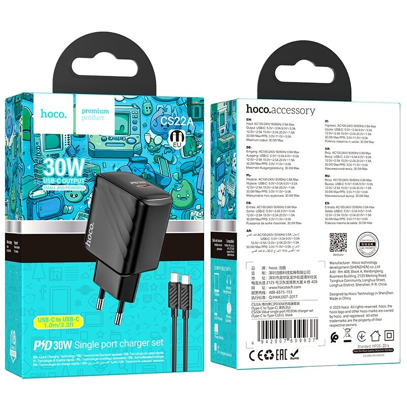 Мережевий Зарядний Пристрій Hoco CS22A 1USB-C PD/QC 30W+Type-C to Type-C