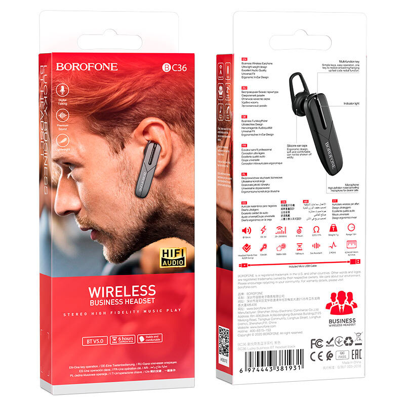 Bluetooth гарнітура Borofone BC36 Lucky business BT headset Black — фото 3