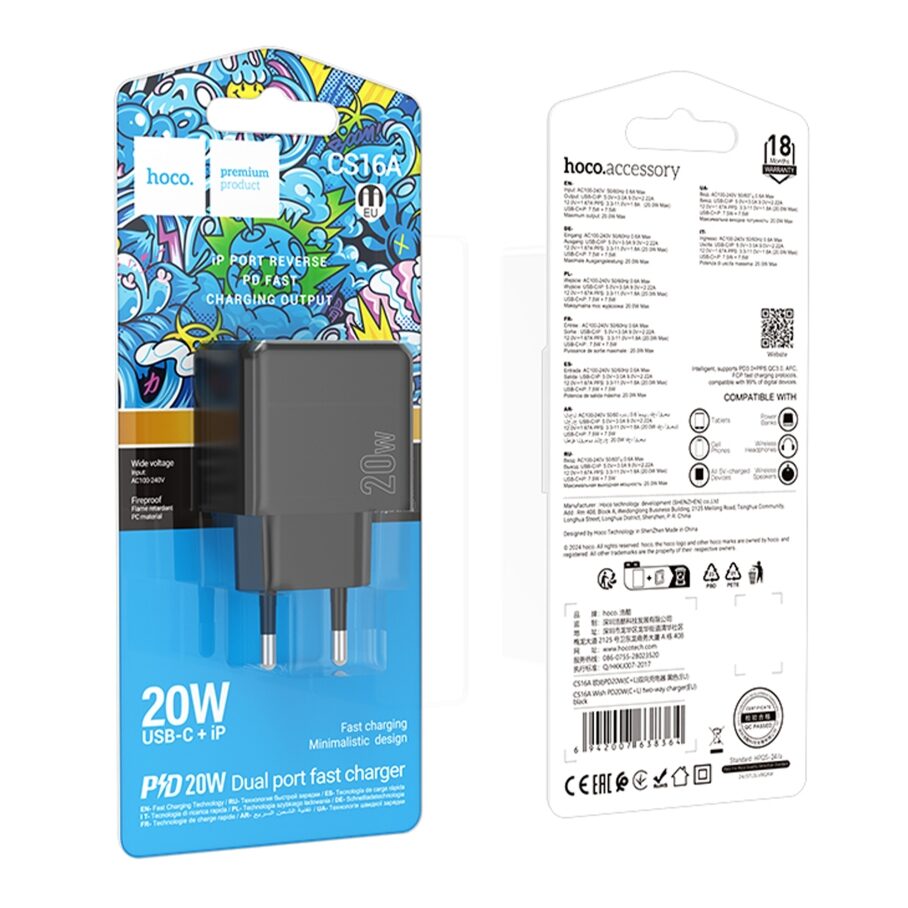 Мережевий Зарядний Пристрій Hoco CS16A 1USB-C/1IP PD/QC 20W — фото 2