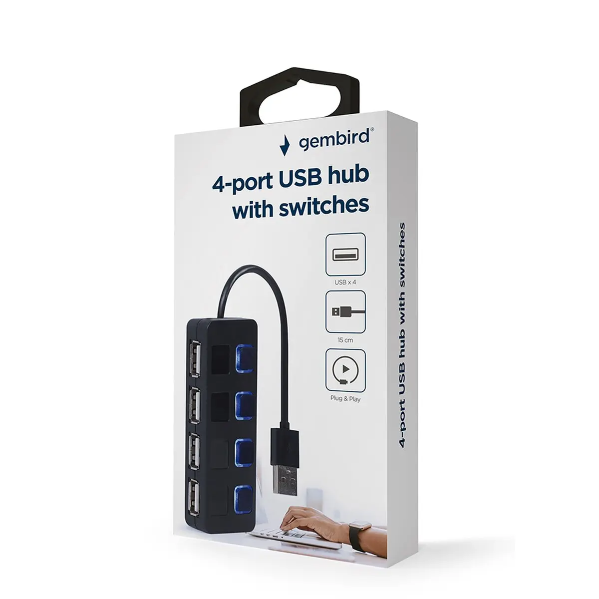 Хаб на 4 порти USB 2.0, з вимикачами, пластик, чорний Gembird — фото 5