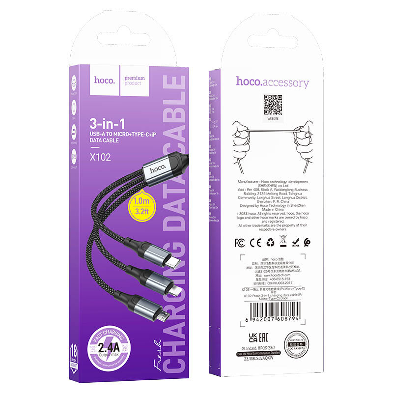 Кабель Hoco X102 Fresh 3-in-1 charging data cable (iP+Micro+Type-C) — фото 3