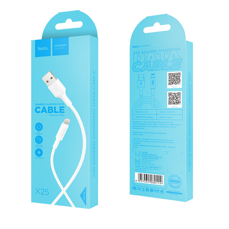 Кабель Hoco X25 USB to iP 2A, 1m, PVC, PVC connectors, White — фото 7