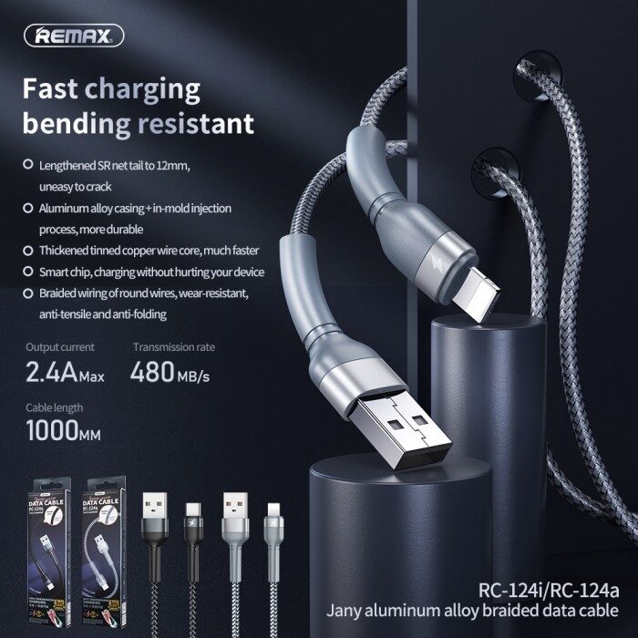 Кабель Remax Jany Series Aluminum Alloy Braided 2.4A data cable RC-124m/i/a Lightning-Black — фото 5