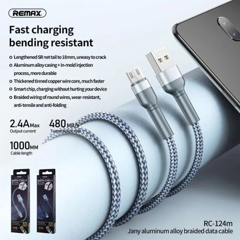 Кабель Remax Jany Series Aluminum Alloy Braided 2.4A data cable RC-124m/i/a Micro-Black — фото 4