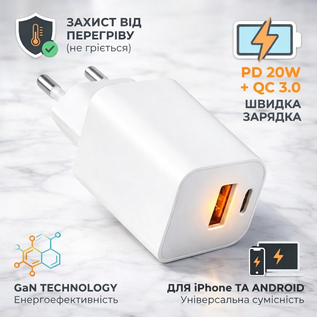 Мережевий зарядний пристрій GaN 20W USB-C PD + USB-A Quick Charge