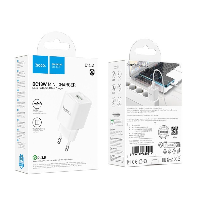 Мережевий зарядний пристрій Hoco C145A Charm single port QC3.0 charger — фото 3