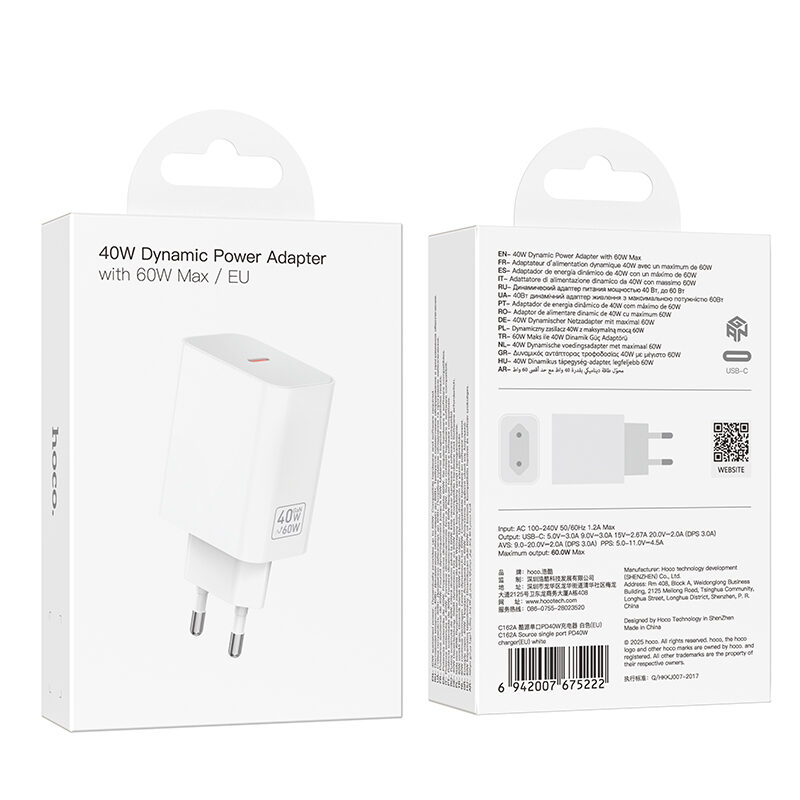 Мережевий зарядний пристрій Hoco C162A Source single port PD40W charger(EU) White — фото 3