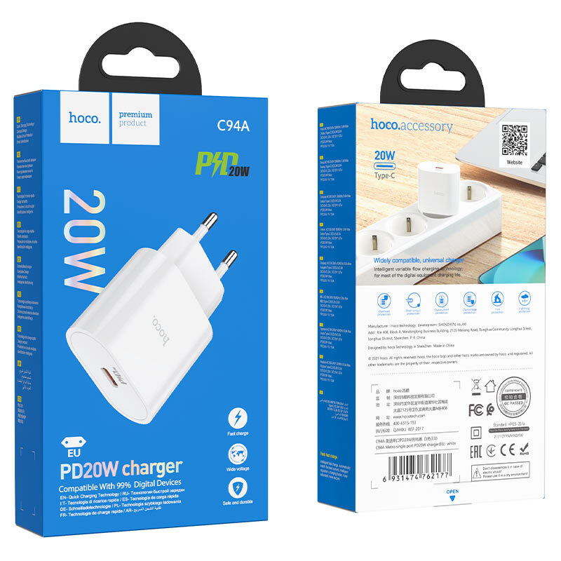 Мережевий зарядний пристрій Hoco C94A Metro single port PD20W charger — фото 3