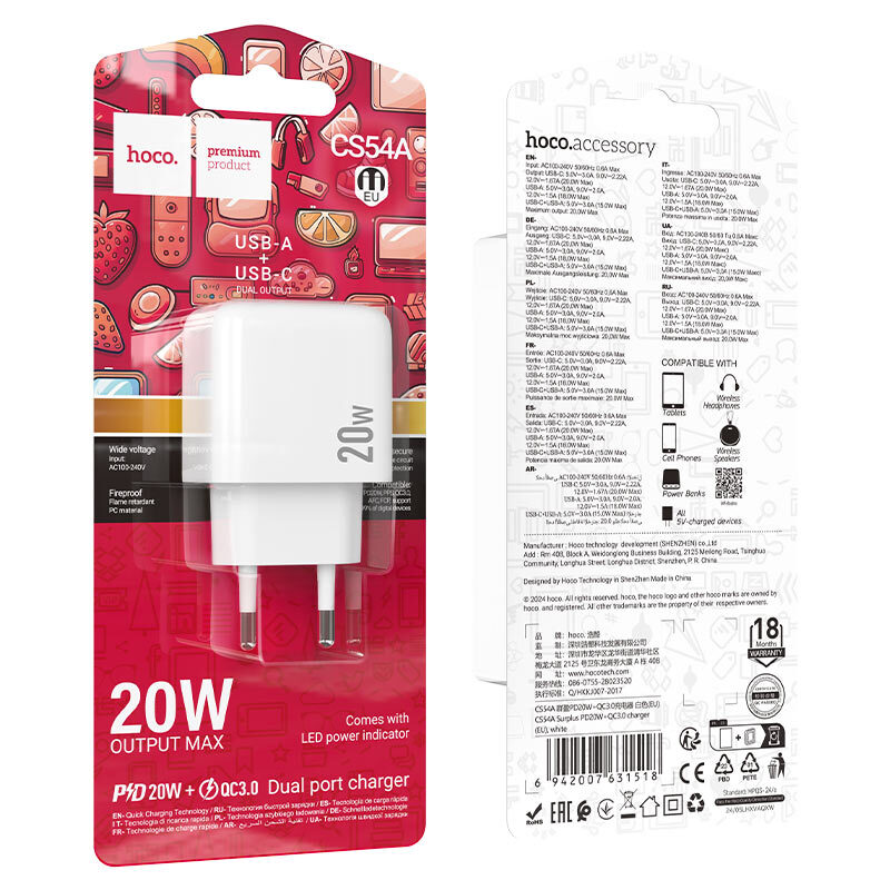 Мережевий зарядний пристрій Hoco CS54A Surplus PD20W+QC3.0 charger — фото 8