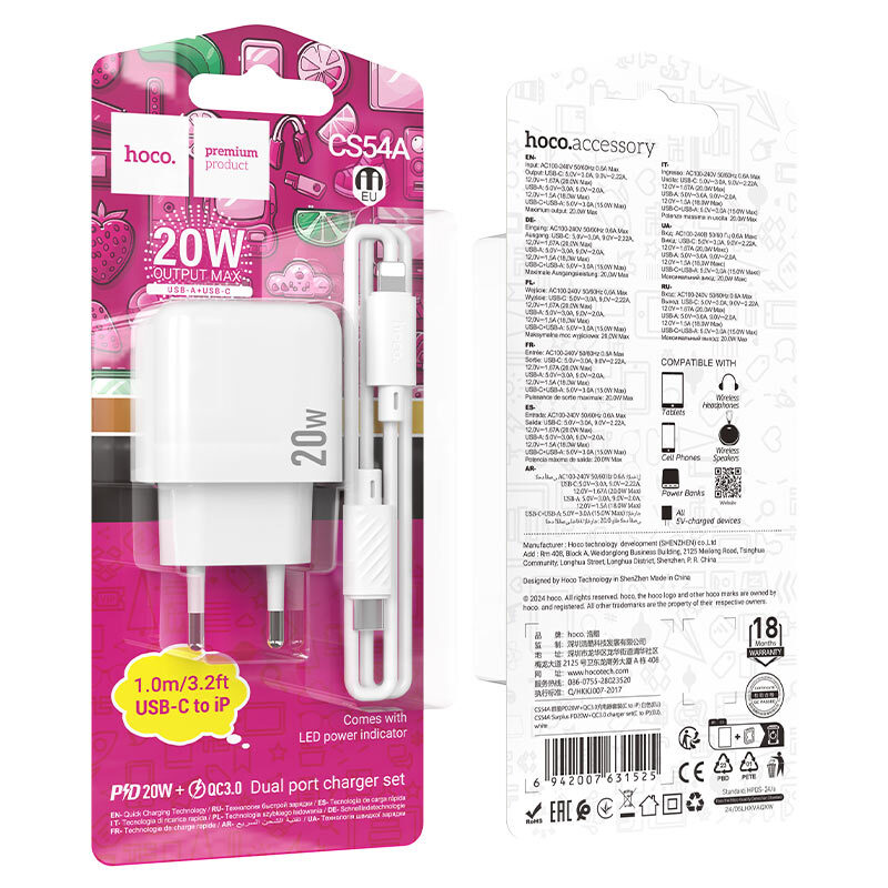 Мережевий зарядний пристрій Hoco CS54A Surplus PD20W+QC3.0 charger — фото 8