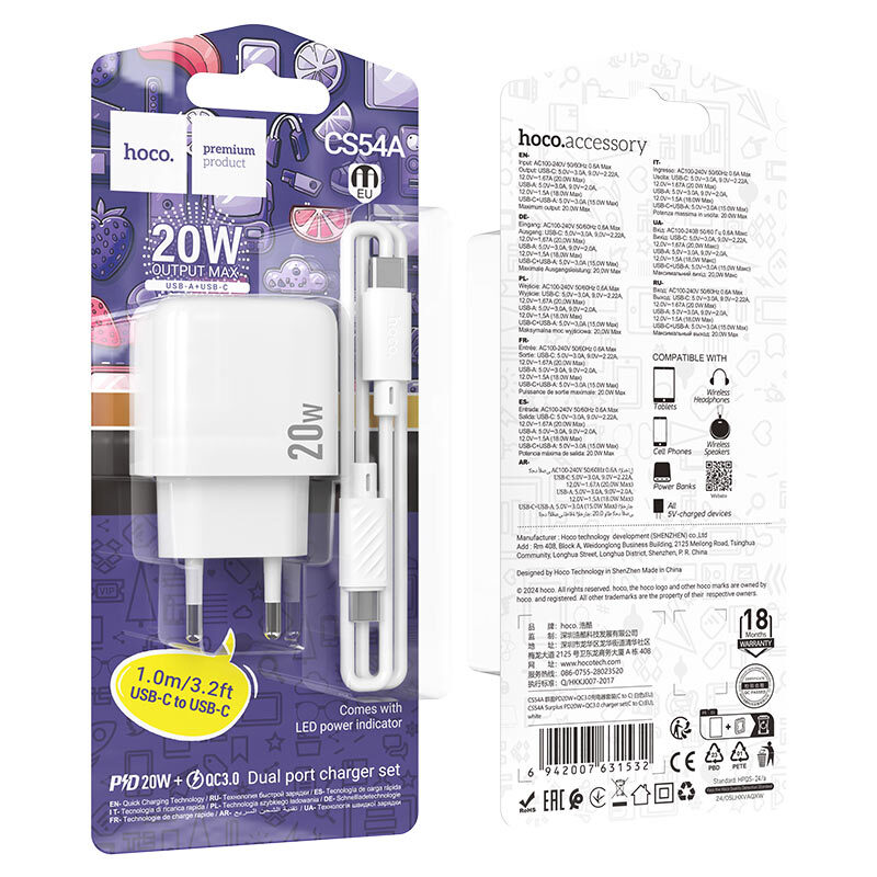 Мережевий зарядний пристрій Hoco CS54A Surplus PD20W+QC3.0 charger set(C to C) — фото 8