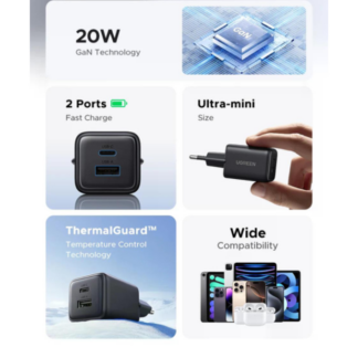Мережевий зарядний пристрій Ugreen X514 USB-C+USB 20W GaN Fast Charger Black — фото 4