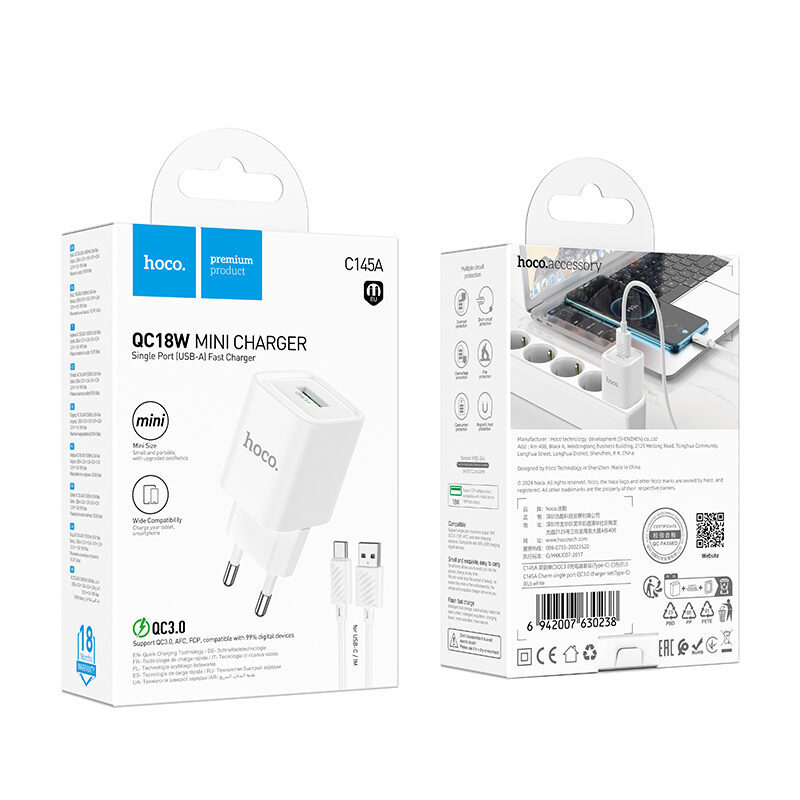 Мережевий зарядний пристрій з кабелем Hoco C145A 18W Charm single port QC3.0 charger set(Type-C) White — фото 3
