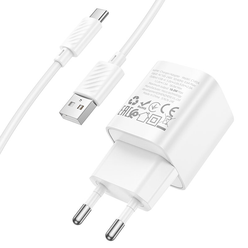 Мережевий зарядний пристрій з кабелем Hoco C145A 18W Charm single port QC3.0 charger set(Type-C) White — фото 8