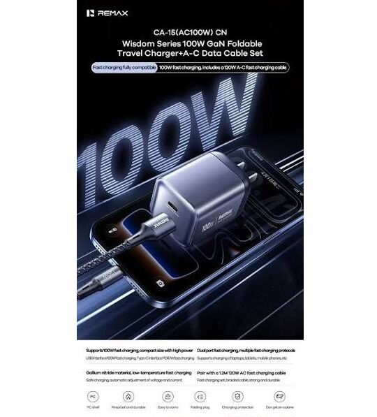 Мережевий зарядний пристрій з кабелем Remax Wisdom Series 100W GaN — фото 4