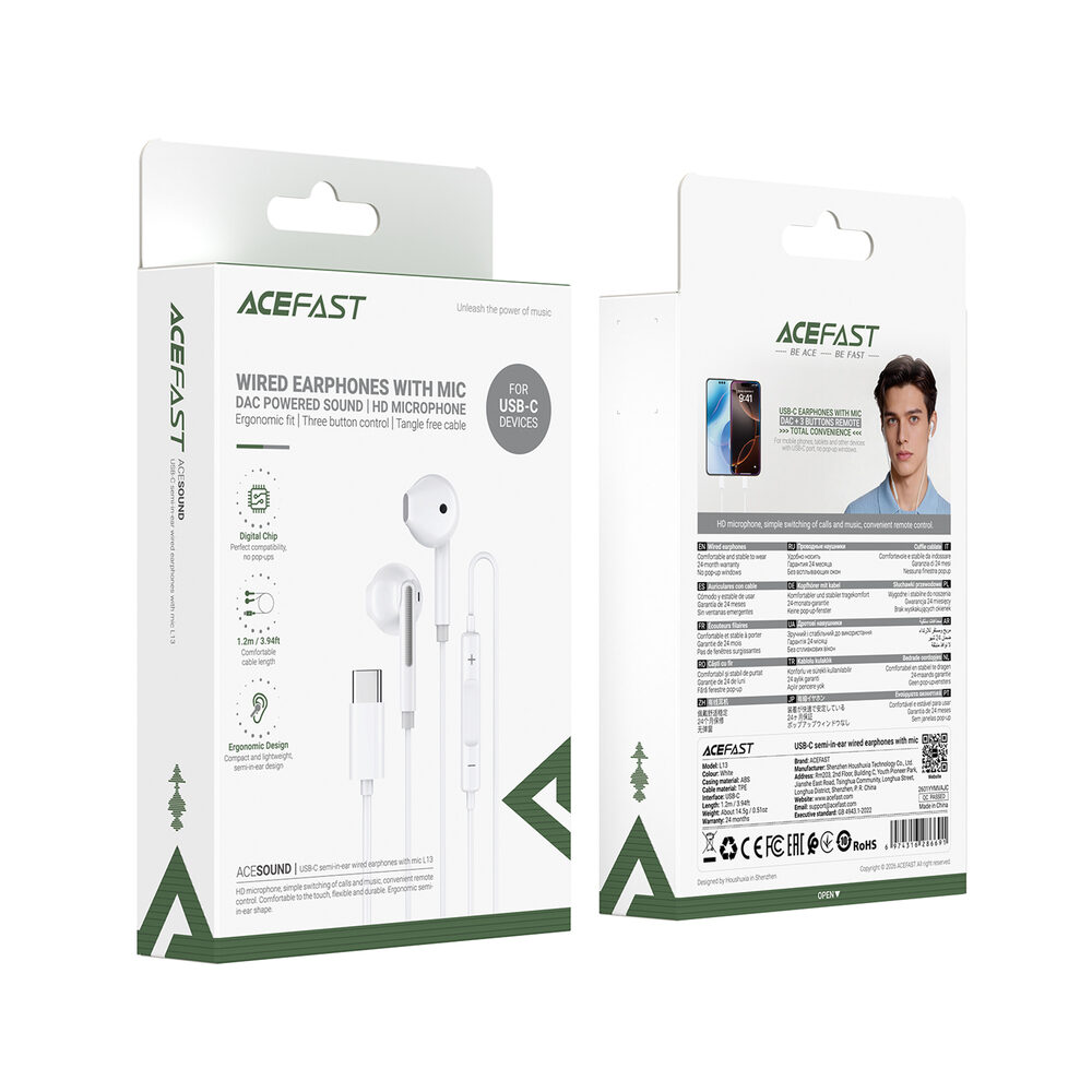 Навушники Acefast L13 USB-C semi-in-ear wired earphones with mic White — фото 3