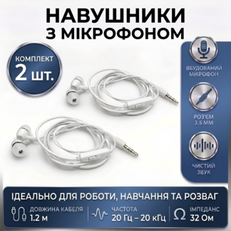 Навушники з мікрофоном LI-TOP Q2 дротові 3.5 мм Білі (Комплект 2 шт.)