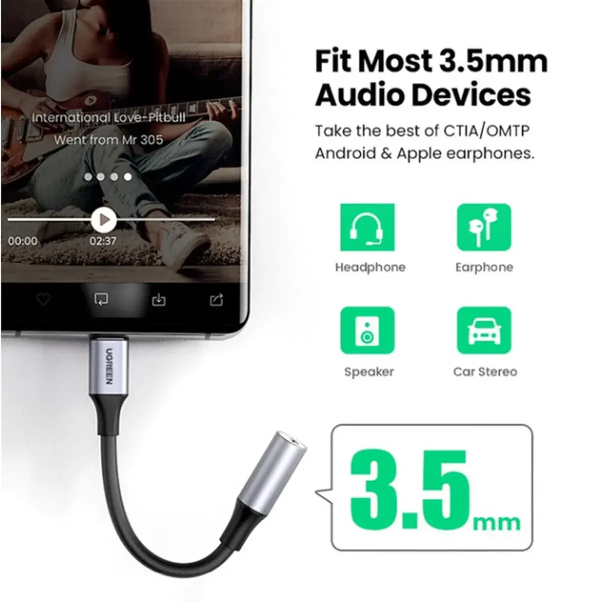Перехідник 10 см Ugreen AV161 USB Type-C to 3.5mm Space Сірий 80154 — фото 2