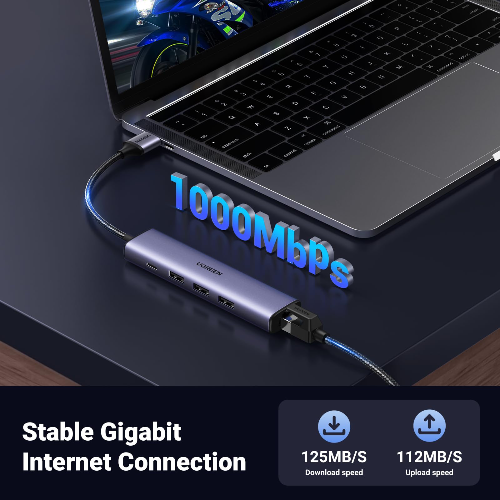 USB-хаб Ugreen CM475 USB 3.0 to Gigabit + 3xUSB 3.0 Converter with - Зображення 3